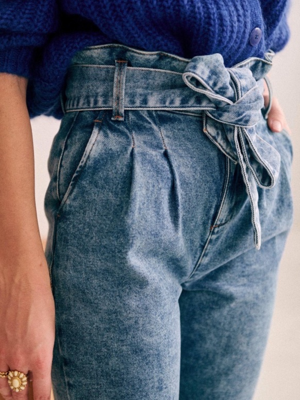 SEZANE Austin Trousers in Bleached Blue, Paperbag Denim Jeans with Tie Belt